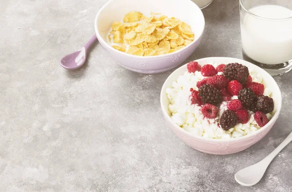 Cottage cheese in bowl with frozen raspberry and blackberry, cup