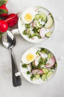 Kefir (yoğurt), salatalık, turp, yumurta ve beyaz zemin üzerine maydanoz ile geleneksel soğuk Rus çorbası. Üstten Görünüm. Gıda arka plan