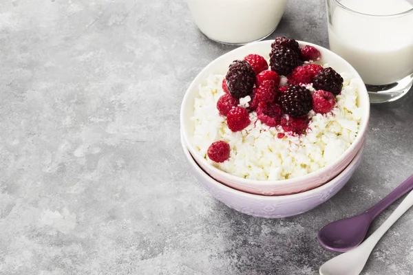 Cottage cheese in bowl with frozen raspberry and blackberry and milk in glass on a light background. Copy space. Food background