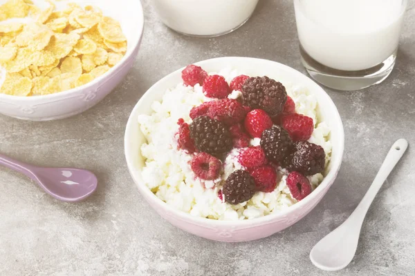 Cottage cheese in bowl with frozen raspberry and blackberry and milk in glass on a light background. Toning