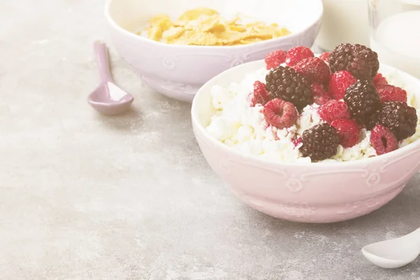 Cottage cheese in bowl with frozen raspberry and blackberry and milk in glass on a light background. Copy space. Food background. Toning