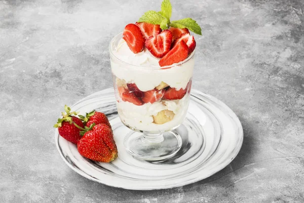 Dessert tiramisù con fragola su sfondo grigio — Foto Stock