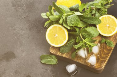 Malzemeler için limonata - limon, nane, buz üzerinde ahşap kesim 