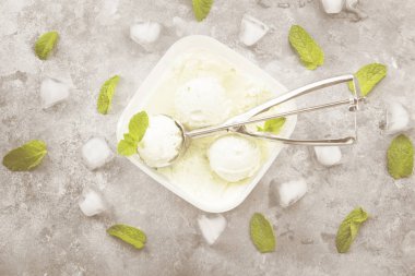 Kase gri bir arka plan üzerine nane dondurma. Üstten Görünüm. Gıda arka