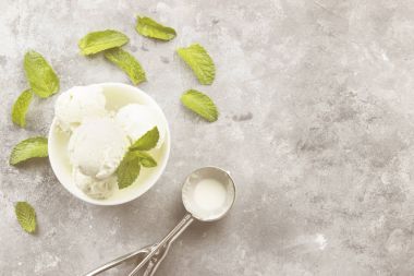 Kase gri bir arka plan üzerine nane dondurma. Üstten Görünüm, kopya girintili