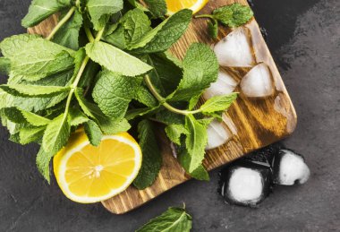 Malzemeler için limonata - limon, nane, buz üzerinde ahşap kesim 