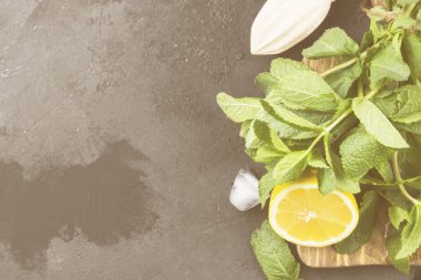 Malzemeler için limonata - limon, nane, buz üzerinde ahşap kesim 