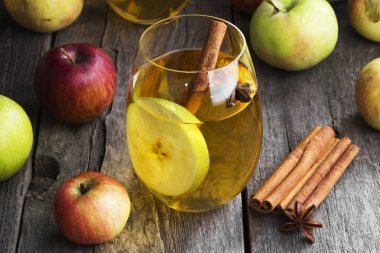 Elma suyu cam tarçın ve anisetree bir karanlık woode üzerinde