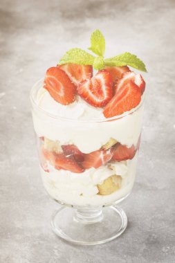 Tatlı tiramisu çilek üzerinde gri bir arka plan ile. Tonlama