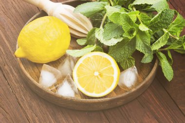 Limonata - limon, nane, için malzemeler üzerinde ahşap tepsi içinde buz bir 