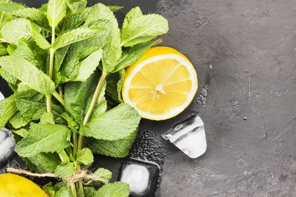 Los ingredientes para la limonada - el limón, el hielo, la menta sobre el fondo oscuro — Foto de Stock