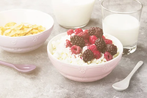 Cottage cheese in bowl with frozen raspberry and blackberry and