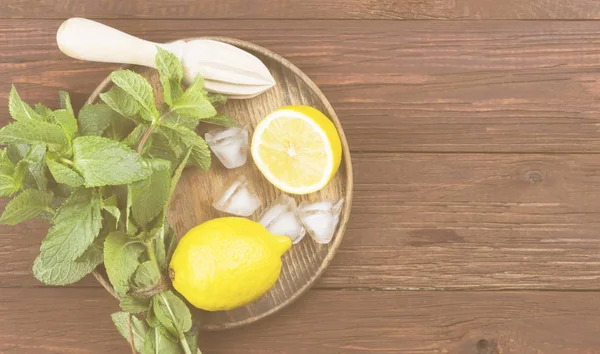 Limonata - limon, nane, için malzemeler üzerinde ahşap tepsi içinde buz bir 