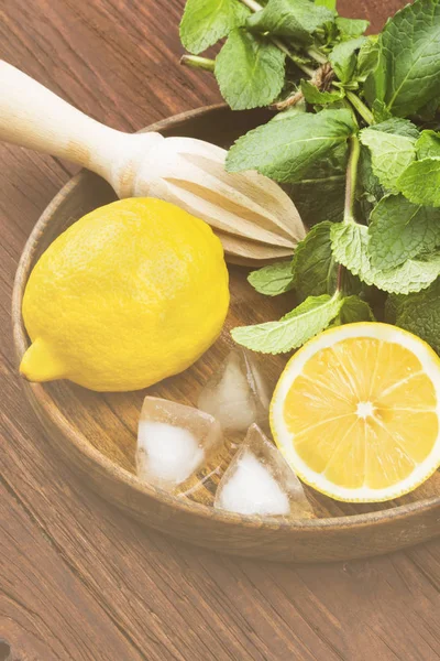 Ingredientes para la limonada - limón, menta, hielo en bandeja de madera en un — Foto de Stock