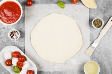 Pizza hamur ve gri arka plan üzerinde pizza için malzemeler. En iyi VI