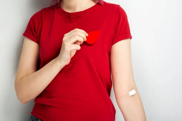 Blood Donorship Young Girl Red Shirt Holds Drop Her Hand — Stock Photo, Image