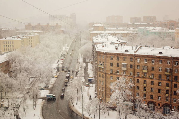 Snow-covered Trofimov street in Moscow
