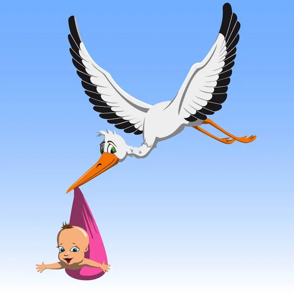 Dibujos animados linda cigüeña llevando bebé — Vector de stock