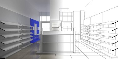 Kıyafetler iç mekan görüntülemesi, 3 boyutlu illüstrasyon 