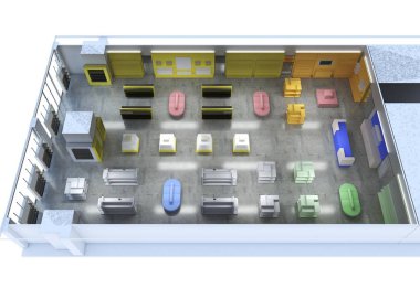 Kıyafetler iç mekan görüntülemesi, 3 boyutlu illüstrasyon 