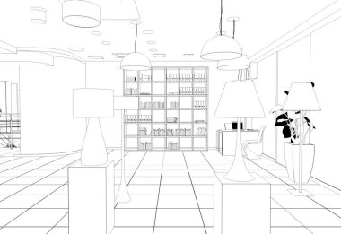 Siyah ve beyaz mağaza iç hat görselleştirmesi, 3D illüstrasyon 