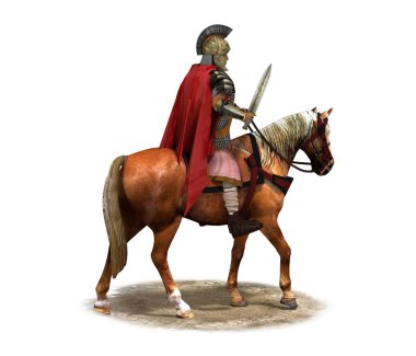 Beyaz arka planda at üstünde savaşçının 3D çizimi