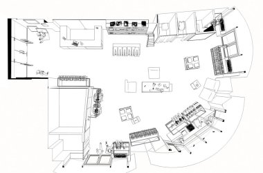 Siyah ve beyaz mağaza iç şeması görselleştirmesi, 3d illüstrasyon 