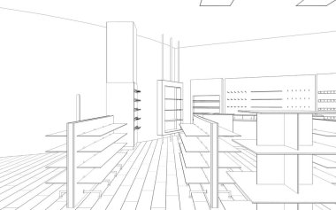 Siyah ve beyaz çizgili iç mekan görselleştirmesi, 3D illüstrasyon 