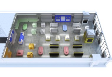 Renkli giysiler iç görüntü depolama, 3 boyutlu illüstrasyon 