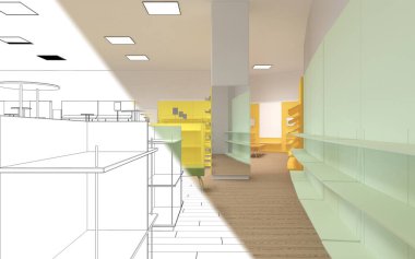 Renklerin yarısı ve siyah-beyaz çizgili iç tasvir, 3D illüstrasyon 