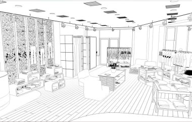 Siyah ve beyaz çizgili iç mekan görselleştirmesi, 3D illüstrasyon 