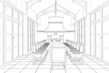 Konferans odasının içini görselleştirmeyi, 3D illüstrasyon, çizim, taslak