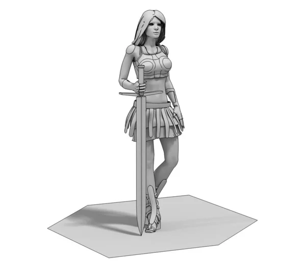 Grey model of warrior girl holding sword