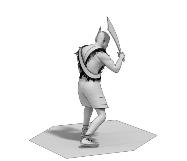 白色背景下两把剑的武士3D灰色图解 — 图库照片