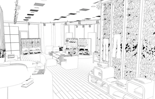 Preto Branco Loja Visualização Esquema Interiores Ilustração — Fotografia de Stock