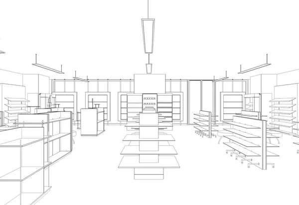 3D背景下孤立的商店内部图解 — 图库照片