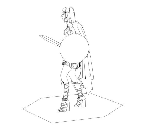 Black illustration of woman warrior with sword and shield on white background