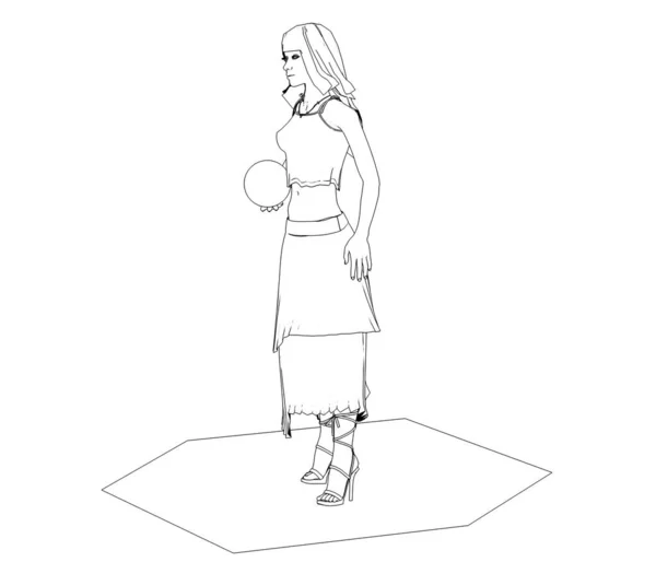 Beyaz Arka Planda Top Izole Edilmiş Elbiseli Bir Kızın Çizimi — Stok fotoğraf