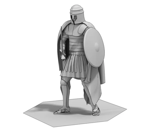 Grey Model Winter Rome Warrior Sword Shield White Background — ストック写真