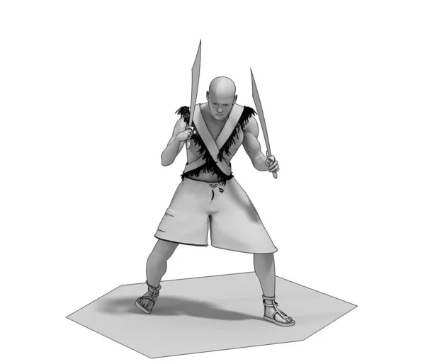 3d grey illustration of warrior with two swords on white background