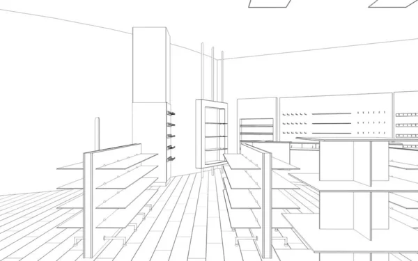 黒と白の裏地の店内の可視化 3Dイラスト — ストック写真