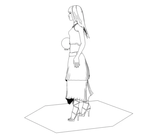 Dibujo Ilustración Chica Vestido Con Bola Aislada Sobre Fondo Blanco —  Fotos de Stock