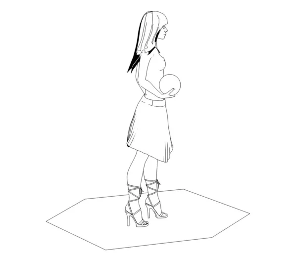 Szkic Ilustracja Naga Dziewczyna Piłką Białym Tle — Zdjęcie stockowe