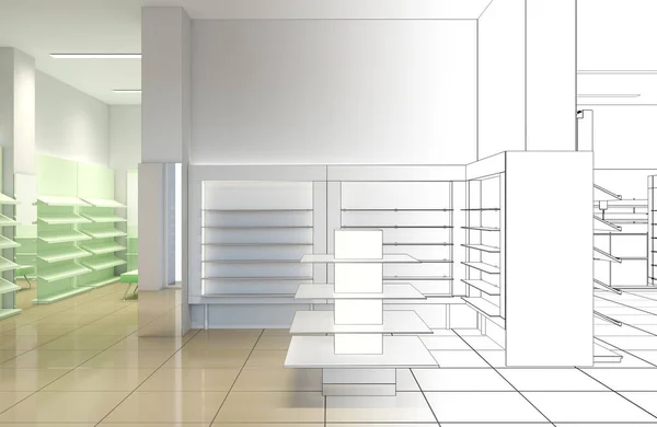 Metade Cor Preto Branco Forrado Visualização Interiores Loja Ilustração — Fotografia de Stock