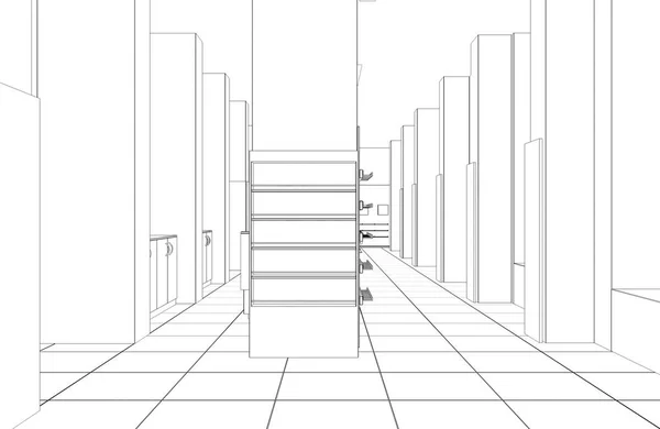 Black White Lined Store Interior Visualization Illustration — Stock Photo, Image
