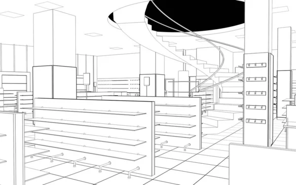 Black and white lined store interior visualization, 3D illustration