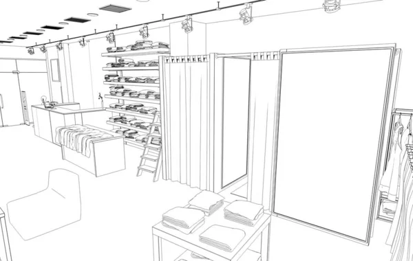 Black and white lined store interior visualization, 3D illustration