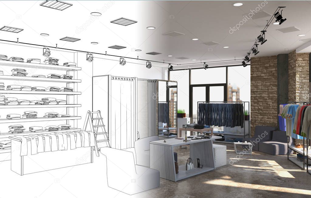Modern store interior visualization, 3D illustration