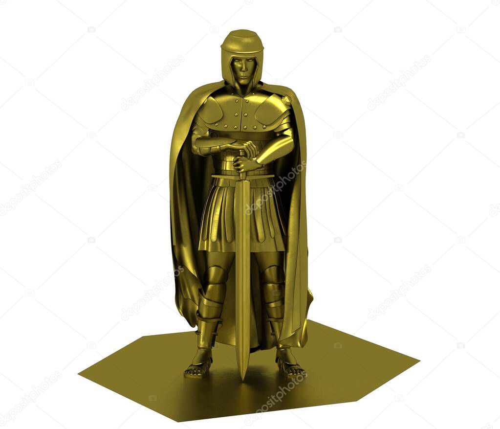 Golden 3d model of Rome warrior with sword on white background