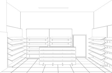 Siyah ve beyaz çizgili iç mekan görselleştirmesi, 3D illüstrasyon 